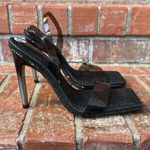 Good American Black Glitter Jeweled Strappy High Heels Square Toe Size 6.5